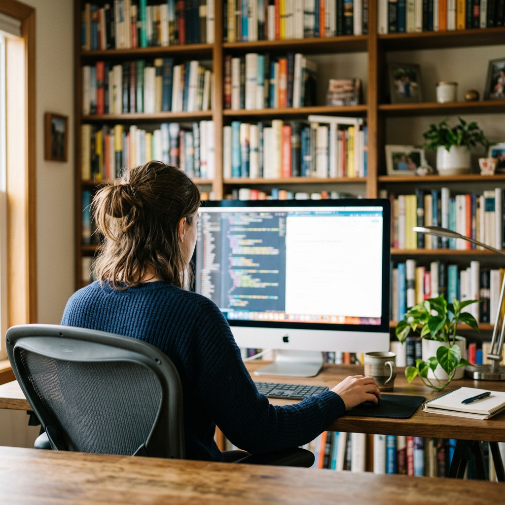 Person coding at a desktop computer in a home office with bookshelves